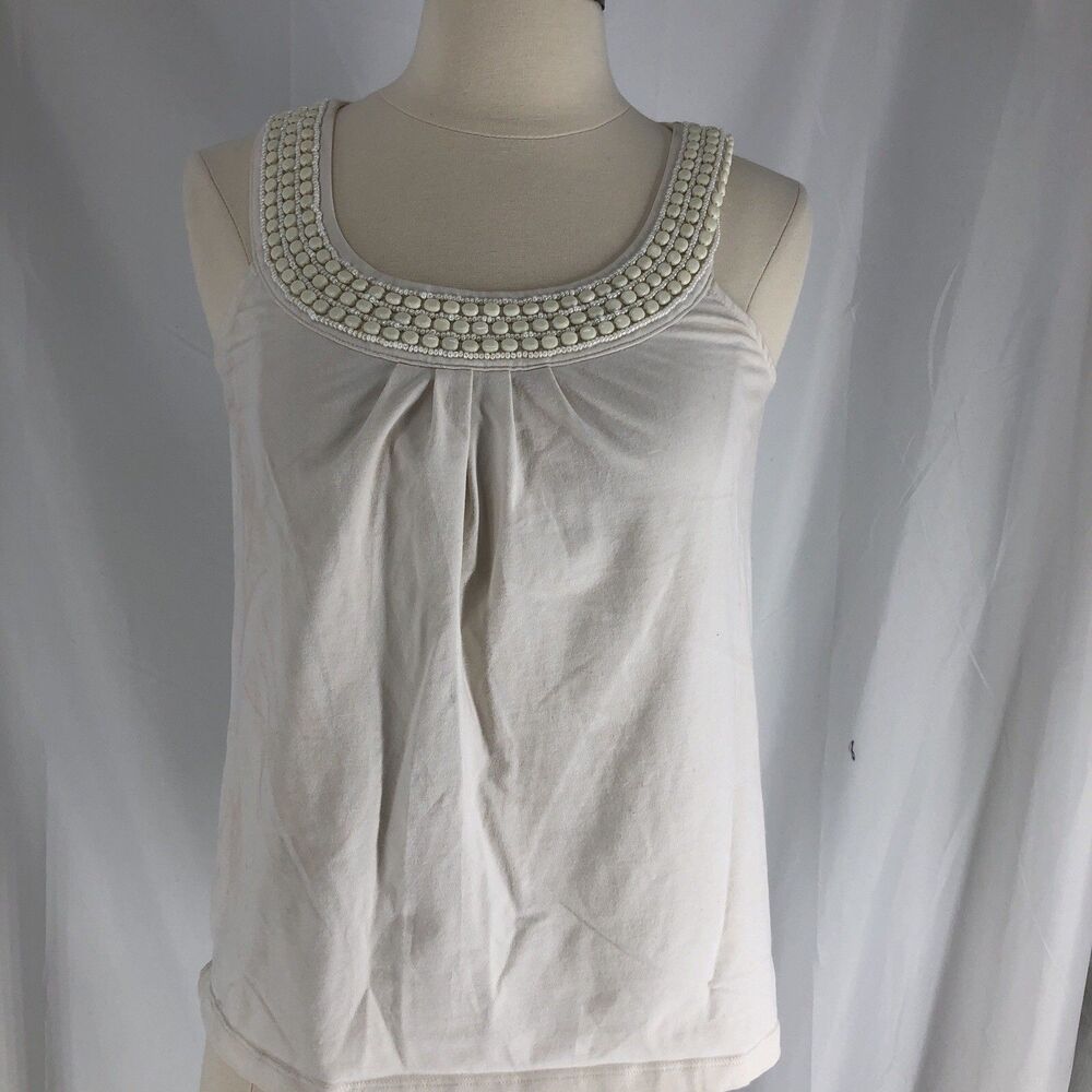 Talbots Beaded Embellished Scoop Neck Tank Top Size PS Cream Cotton Spandex